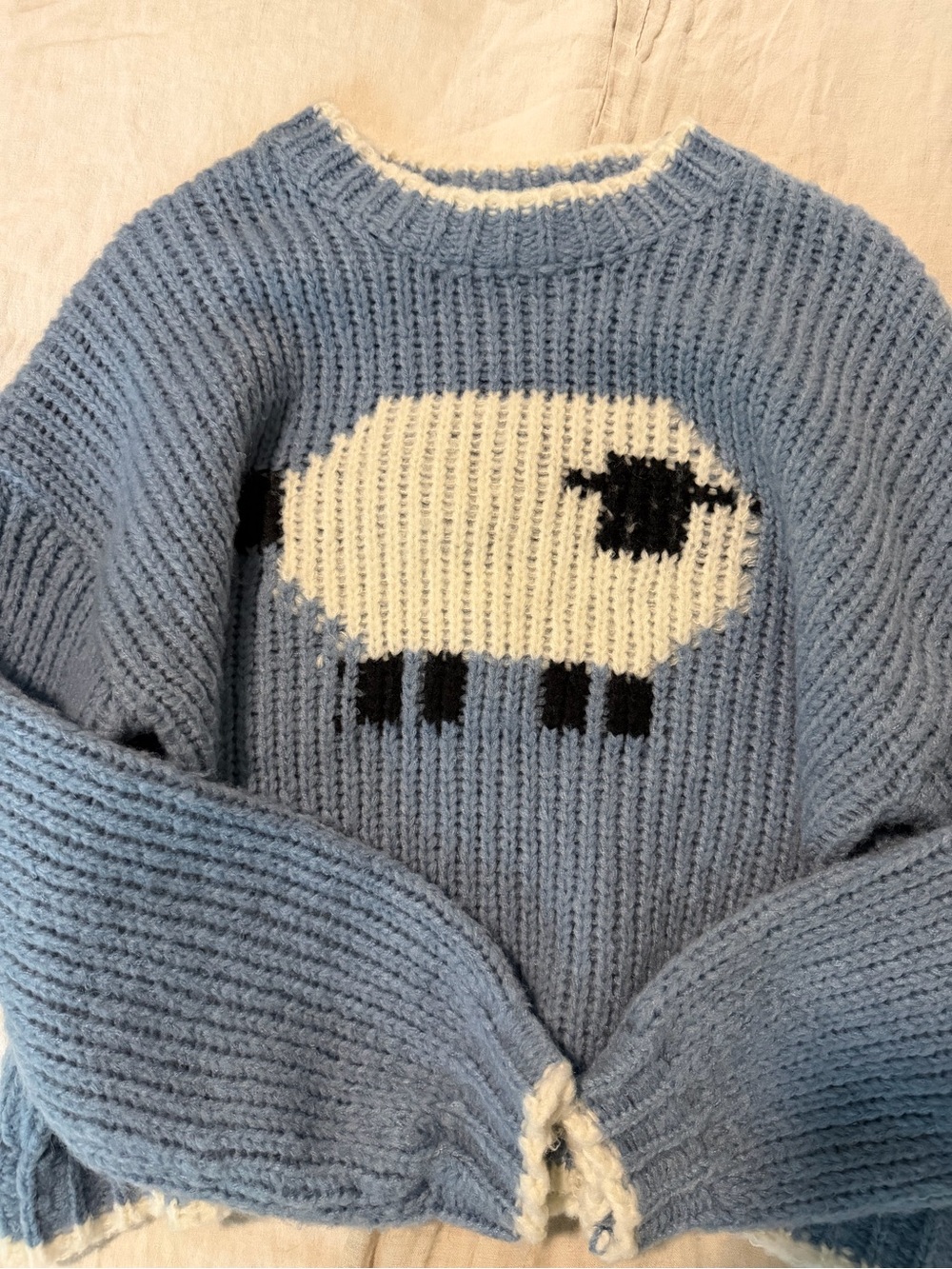 Blue Women's Knit Sweater with Sheep Motif